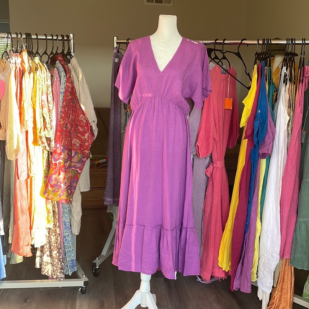 Naturally treated cotton Maxi Dress. Feminine decollete cut. Boho-Chic.